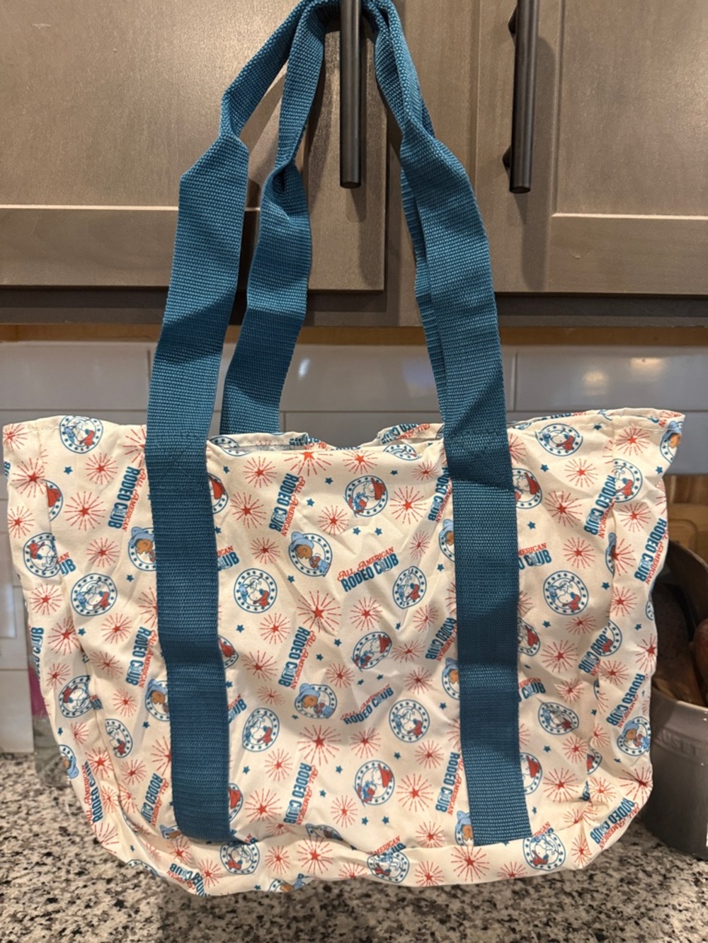Peanuts Packable Cream Tote with Red and Blue Rodeo Motif - Picture 6 of 7